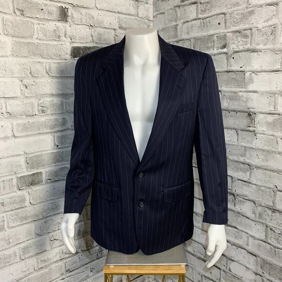 Vintage Burberry Navy Pinstripe Wool Blazer Union Label Sport Coat Suit Jacket - Picture 1 of 16